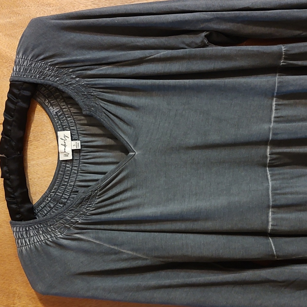 Wonderly Mineral Wash Babydoll Dress Gray Lantern Sleeve Stretchy Cabincore S - Picture 2 of 12